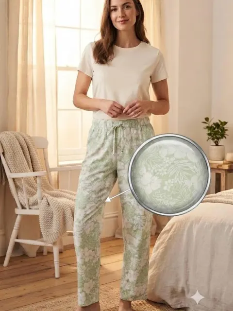 Pantaloni de pijama de dama alb cu verde