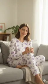 Pijama damă iarnă mărimi mari – albă cu imprimeu flori mov