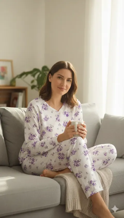 Pijama damă iarnă mărimi mari – albă cu imprimeu flori mov