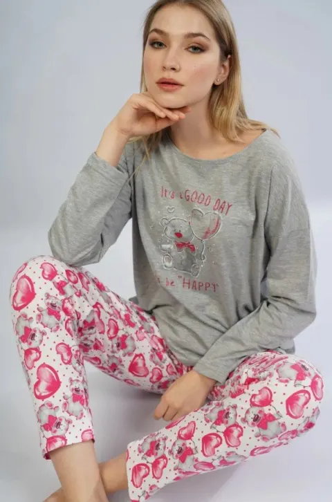 Pijamale damă cu imprimeu It's A Good Day, gri