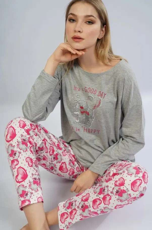 Pijamale damă cu imprimeu It's A Good Day, gri