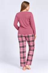 Pijama de dama cu bluza cu maneca lunga roz prafuit si pantaloni lungi in carouri