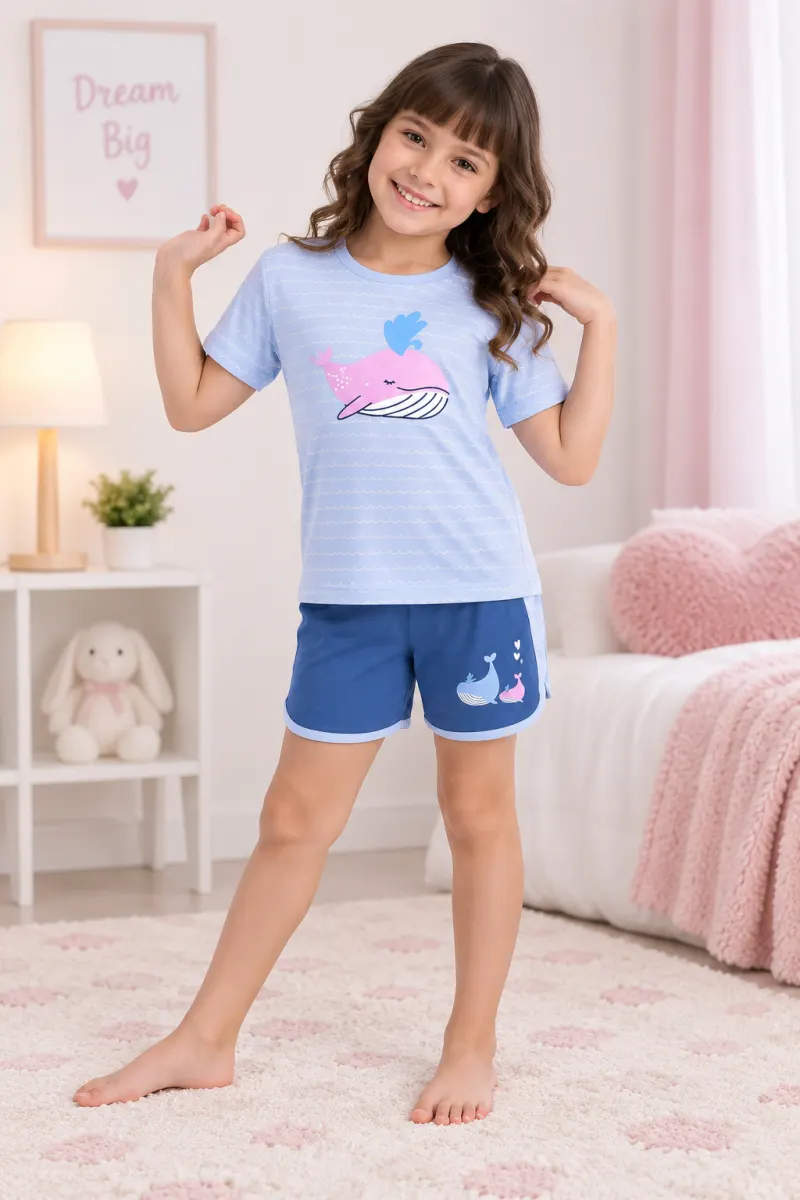 Pijama fetițe din bumbac cu tricou și pantaloni scurți – imprimeu balenă, albastru