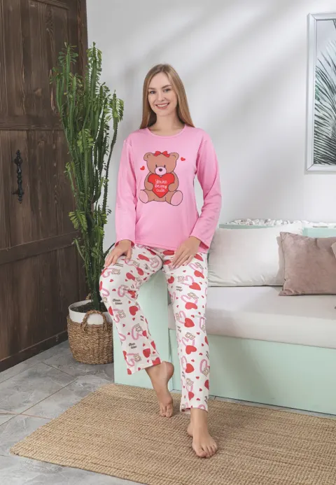 Pijama damă roz cu imprimeu cu ursuleț