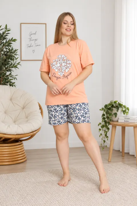 Pijama dama big size din bumbac, tricou portocaliu cu imprimeu „Begin Again” și pantaloni scurti asortați