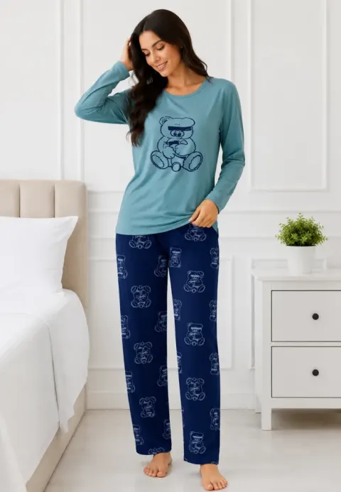 Pijama de dama turcoaz, bluza cu maneca lunga  si pantaloni lungi blumarin