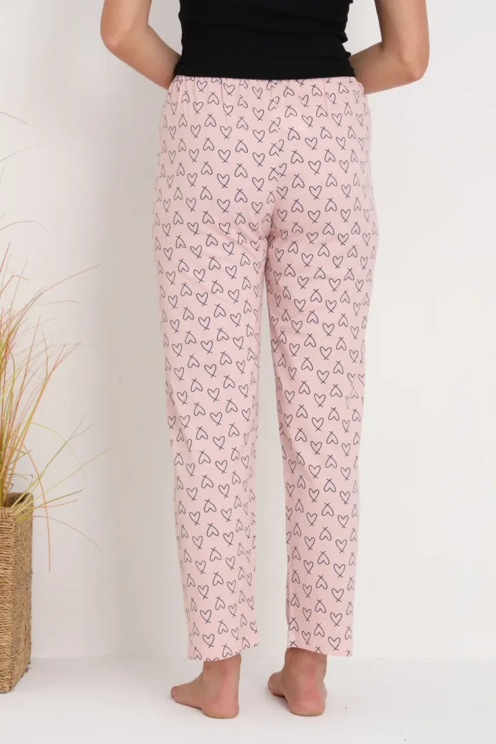 Pantaloni de pijama damă roz piersică cu inimioare, croială lejeră