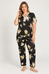 Pijamale damă Big Size, mânecă scurtă, pantaloni lungi, culoare maro, imprimeu floral