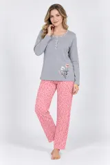 Pijama damă mânecă lungă și pantaloni lungi roz cu gri