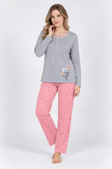 Pijama damă mânecă lungă și pantaloni lungi roz cu gri