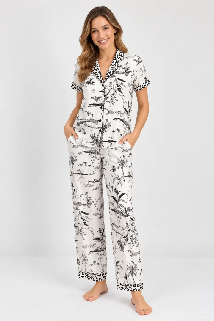 Pijama Dama – Bluza cu Nasturi și Imprimeu Leopard