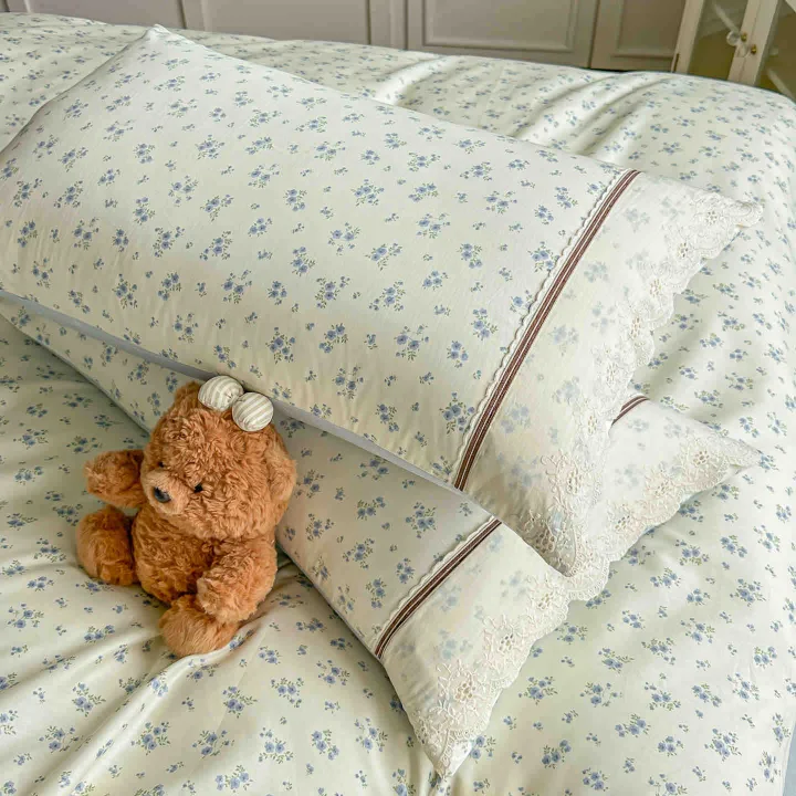 Lenjerie de Pat din 100% Bumbac cu Dantelă, 4 Piese, Cearșaf cu Elastic 180x200 cm