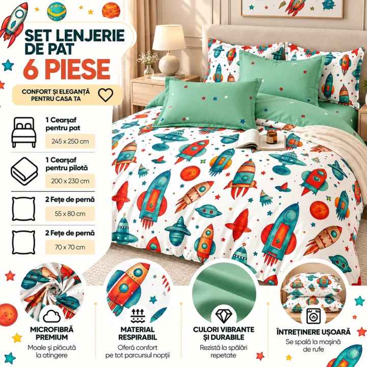 Set Lenjerie de Pat Dublu din Microfibră Premium, 6 Piese, Cearșaf 245x250 cm