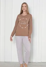 Pijama damă imprimeu ,,You Are Beautiful'', culoare maro