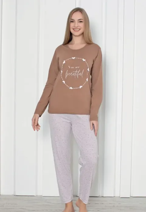 Pijama damă imprimeu ,,You Are Beautiful'', culoare maro