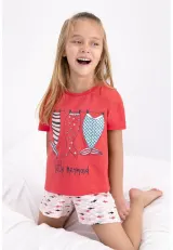 Pijama fetițe din bumbac cu tricou și pantaloni scurți – imprimeu pești, roșu