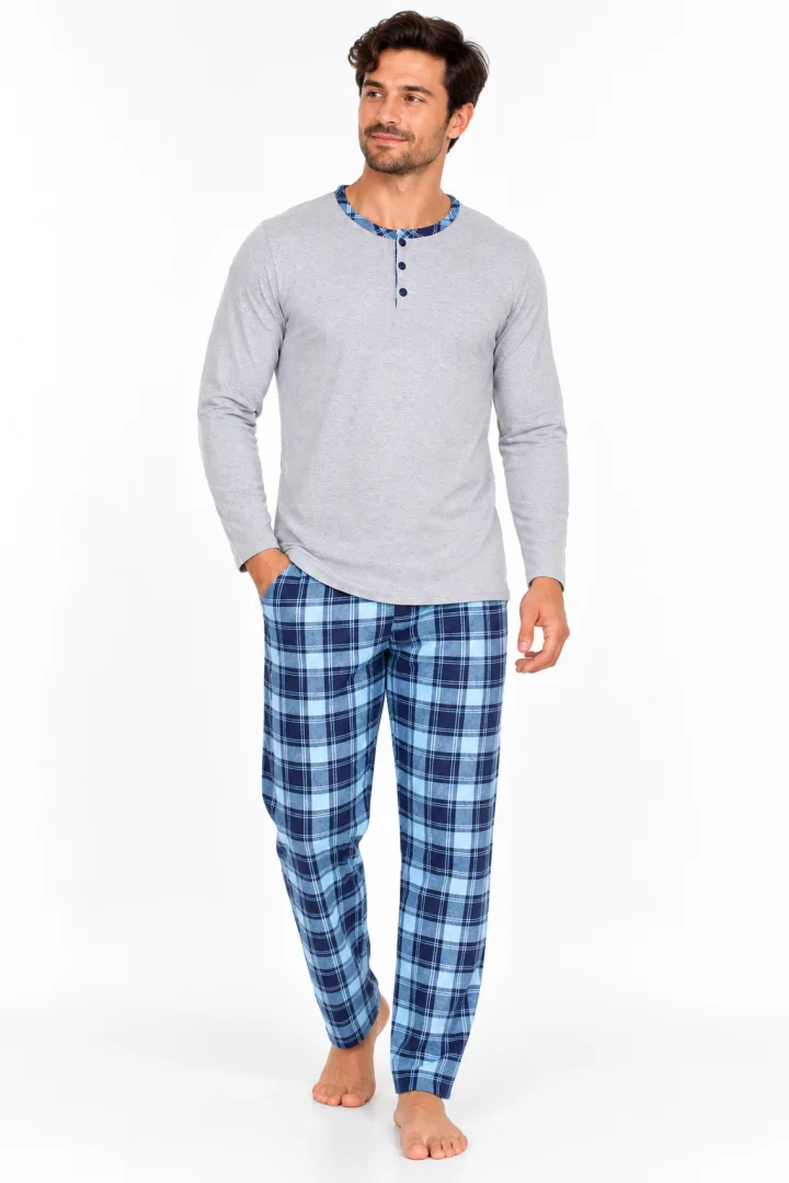 Pijama pentru bărbați gri, 100% bumbac, carouri