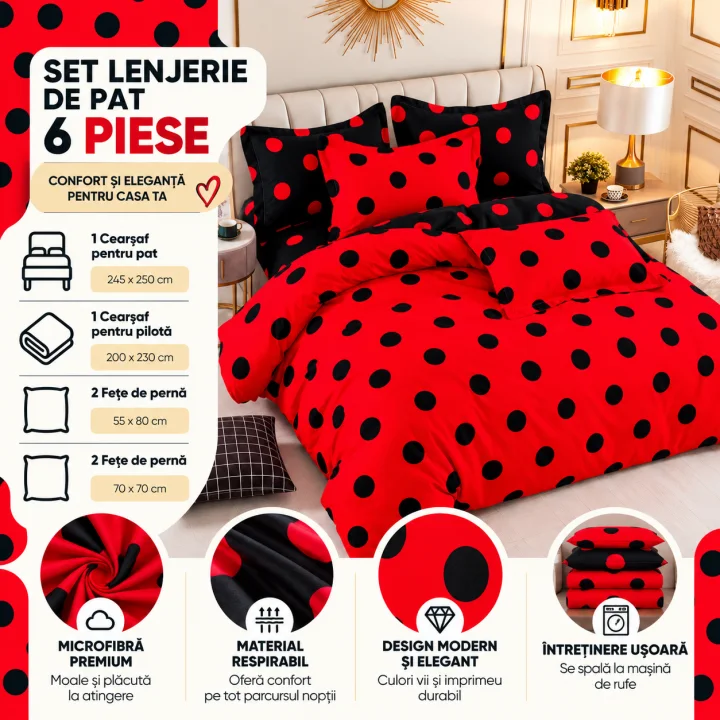 Set Lenjerie de Pat Dublu din Microfibră Premium, 6 Piese, Cearșaf 245x250 cm