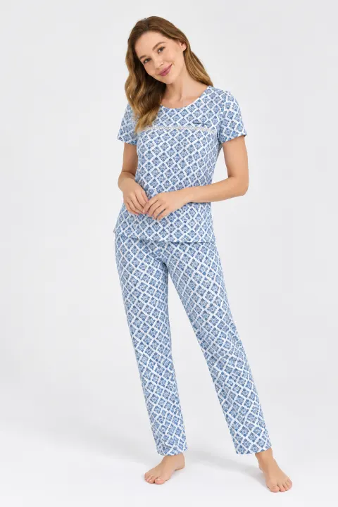Pijama dama, alb-albastru cu imprimeu floricele