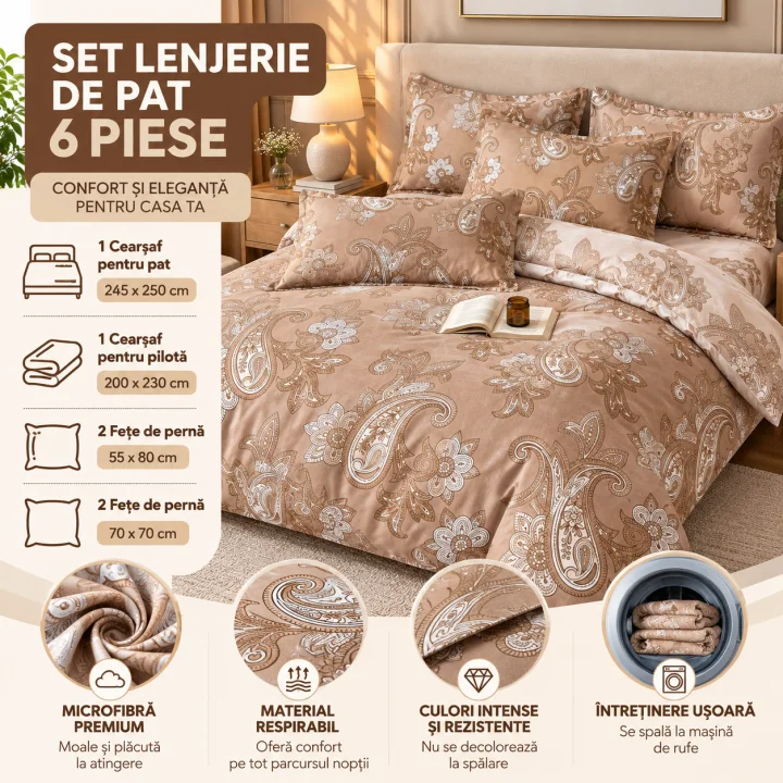 Set Lenjerie de Pat Dublu din Microfibră Premium, 6 Piese, Cearșaf 245x250 cm