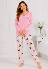 Pijama de dama roz pal cu maneca lunga si pantaloni lungi