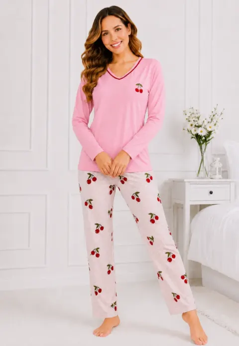 Pijama de dama roz pal cu maneca lunga si pantaloni lungi