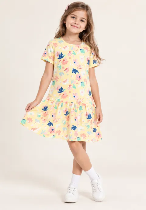 Rochie fetiță galbenă cu flori și volănașe