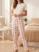 Pantaloni de pijama de dama alb cu mere