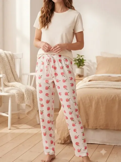 Pantaloni de pijama de dama alb cu mere