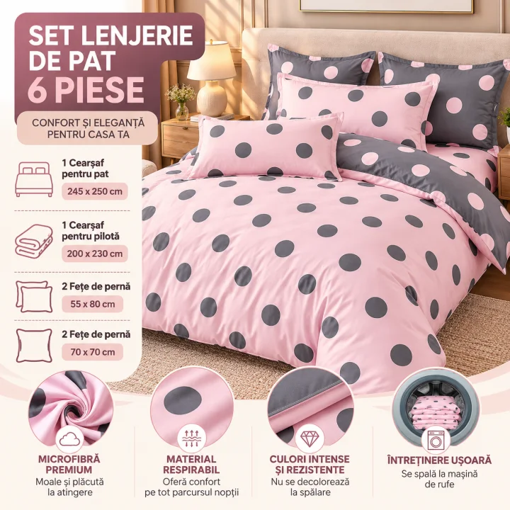 Set Lenjerie de Pat Dublu din Microfibră Premium, 6 Piese, Cearșaf 245x250 cm