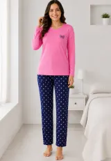 Pijama de dama roz  cu maneca lunga si pantaloni lungi blumarin cu buline