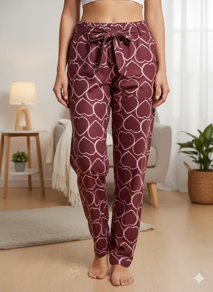 Pantaloni Pijamale Damă – Bordo Pufos cu Inimioare