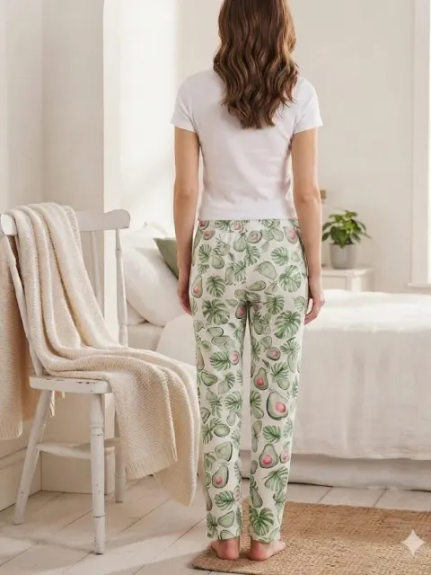 Pantaloni de pijama de dama alb cu frunze verzi