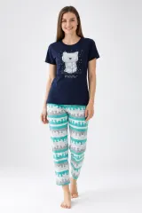 Pijama dama tricou negru cu imprimeu Pisica