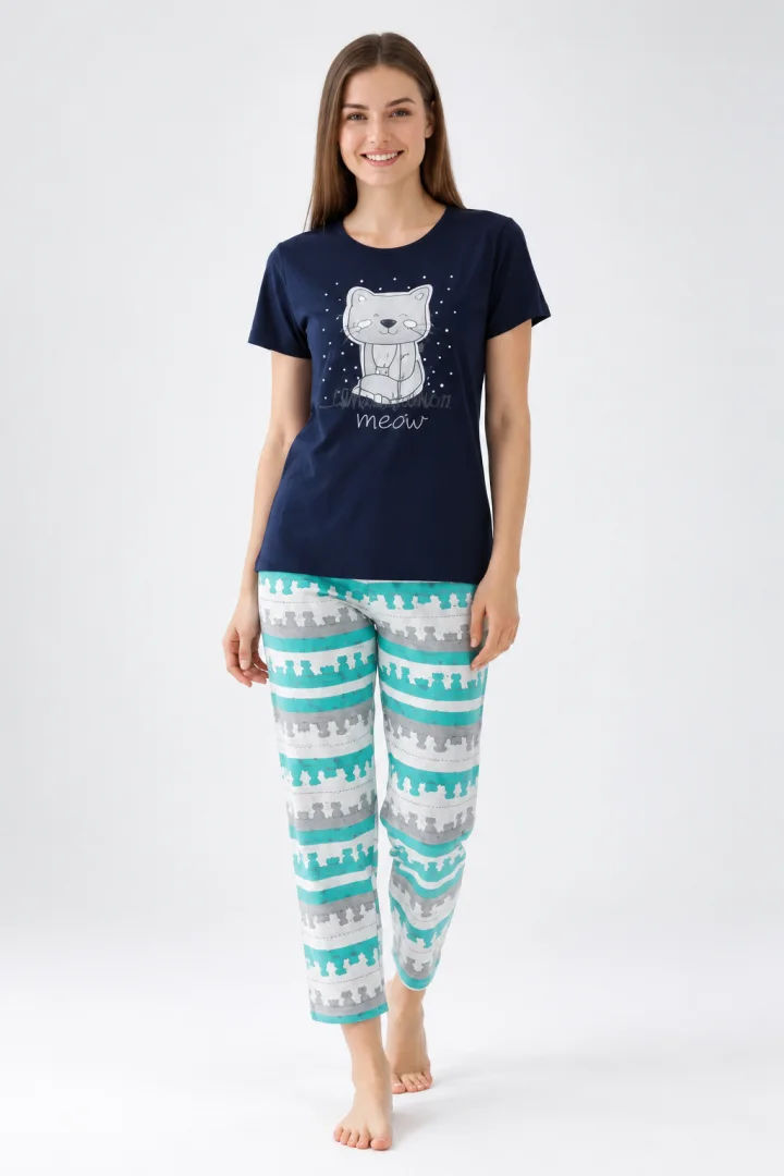 Pijama dama tricou negru cu imprimeu Pisica