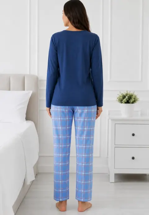 Pijama de dama cu bluza blumarin cu maneca lunga si pantaloni lungi blue cu carouri
