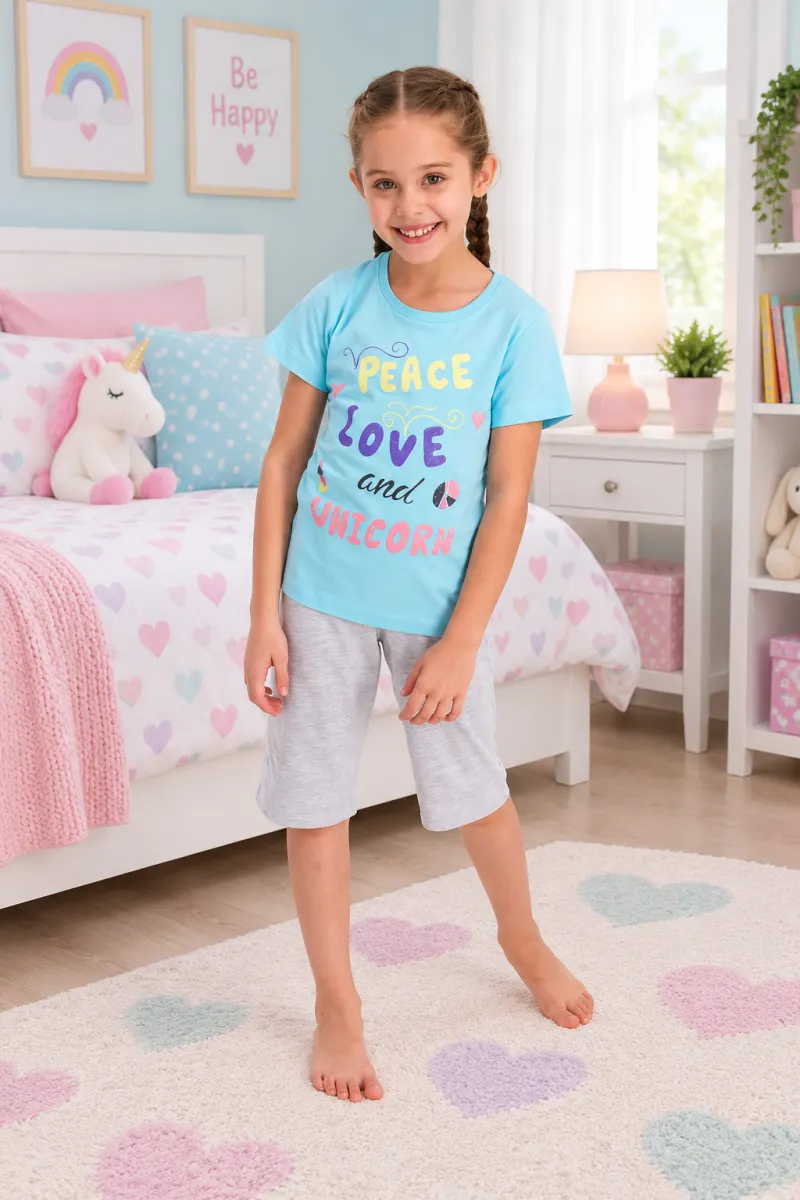 Pijama fetițe din bumbac cu tricou și pantaloni 3/4 – „Peace and Love”, bleu