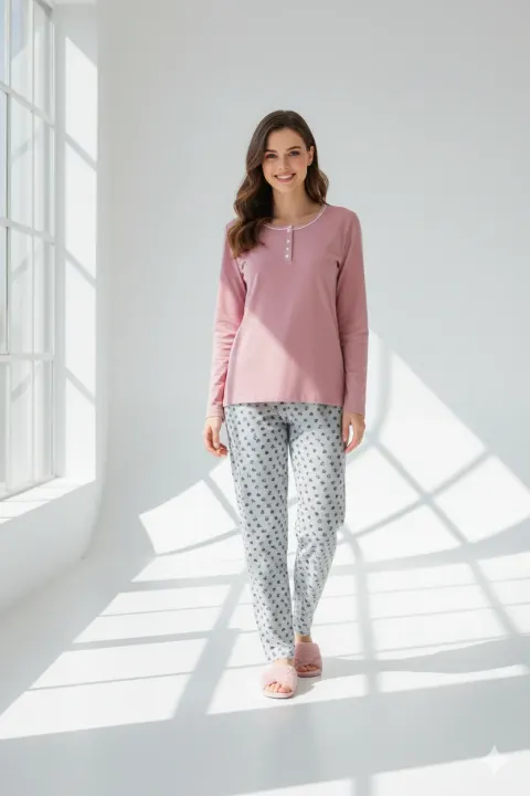 Pijama damă mânecă lungă și pantaloni lungi roz pudra