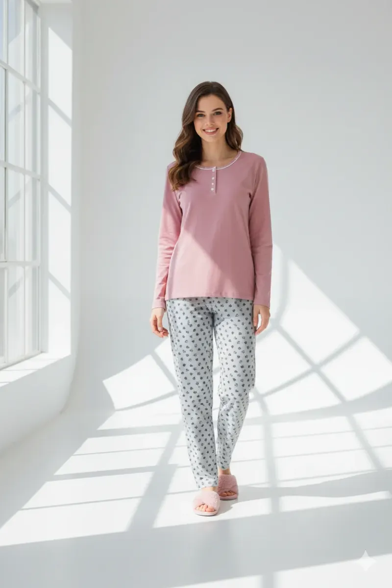 Pijama damă mânecă lungă și pantaloni lungi roz pudra