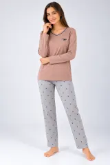 Pijama de dama crem cu maneca lunga si pantaloni lungi gri cu fundite