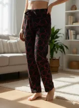 Pantaloni Pijamale Damă – Negru Pufos cu Inimioare Roșii