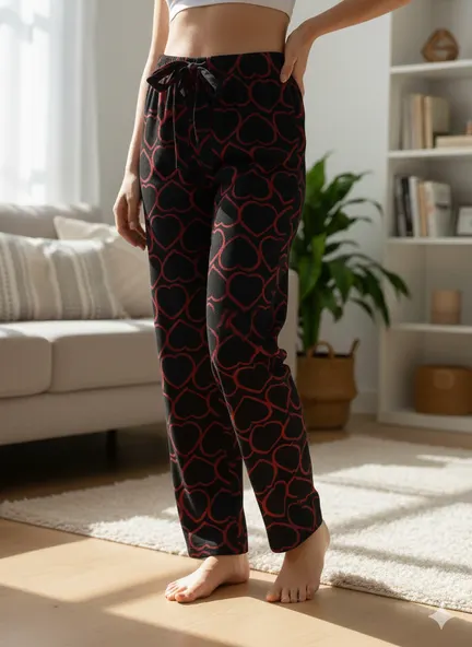 Pantaloni Pijamale Damă – Negru Pufos cu Inimioare Roșii