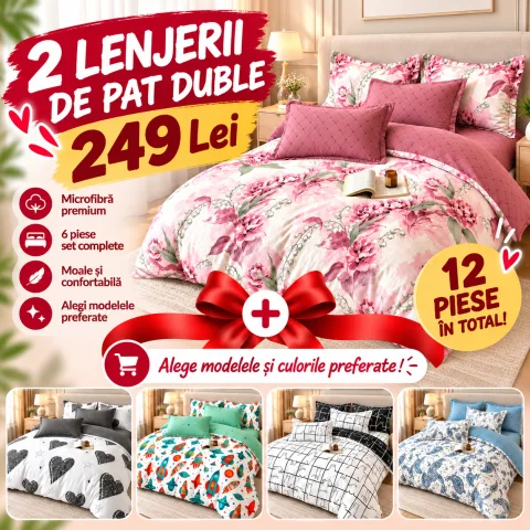 Pachet 2 Lenjerii de Pat Duble din Microfibră Premium, 6 Piese Fiecare – Doar 249 Lei
