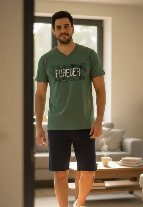 Pijama barbati din bumbac, imprimeu ,,Forever", verde
