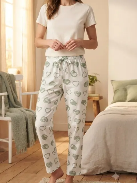 Pantaloni de pijama de dama alb cu inimi verzi
