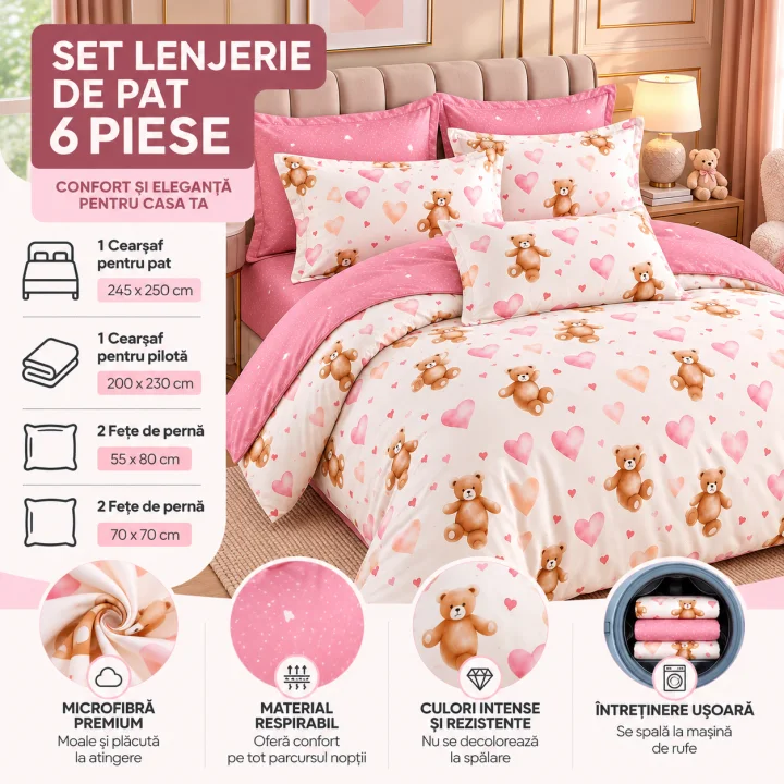 Set Lenjerie de Pat Dublu din Microfibră Premium, 6 Piese, Cearșaf 245x250 cm
