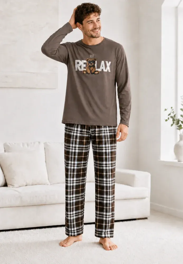 Pijama barbat maro cu carouri maro