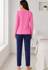 Pijama de dama roz  cu maneca lunga si pantaloni lungi blumarin cu buline