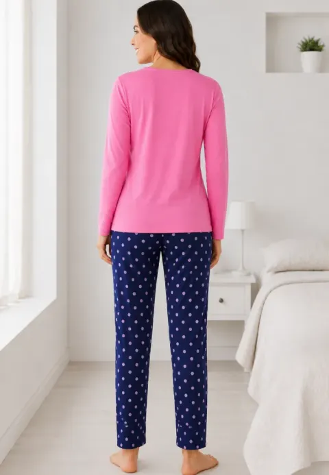 Pijama de dama roz  cu maneca lunga si pantaloni lungi blumarin cu buline