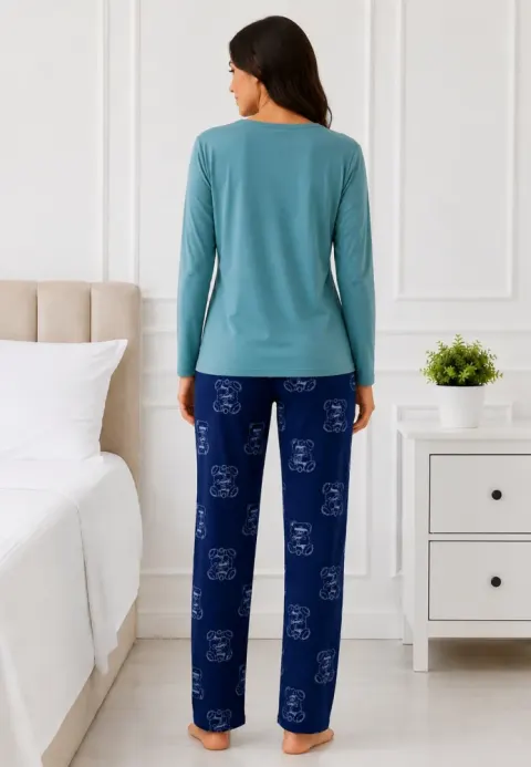 Pijama de dama turcoaz, bluza cu maneca lunga  si pantaloni lungi blumarin